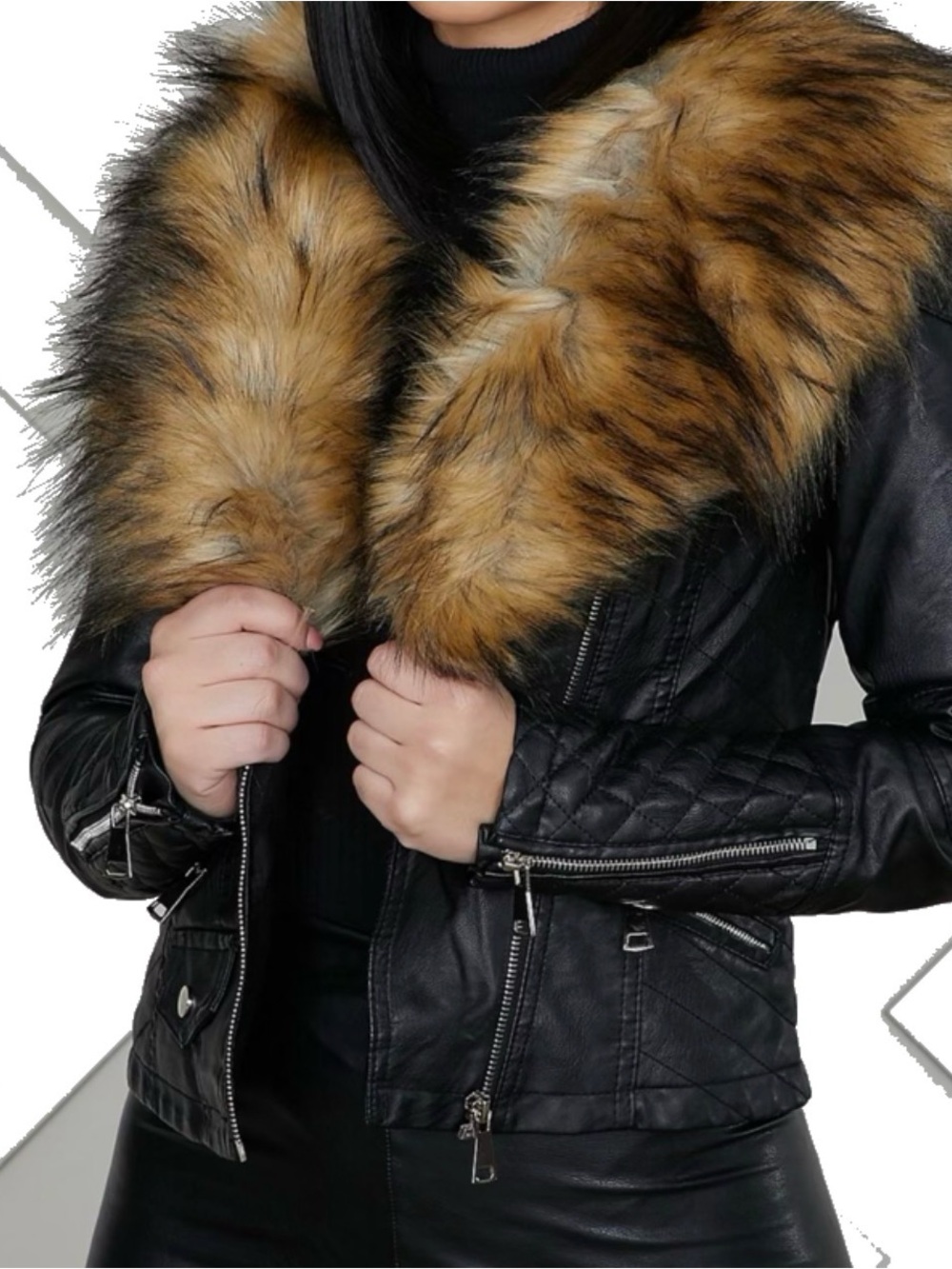 Faux Fur Trim Black Faux Leather Moto Jacket - Black with Brown Fur